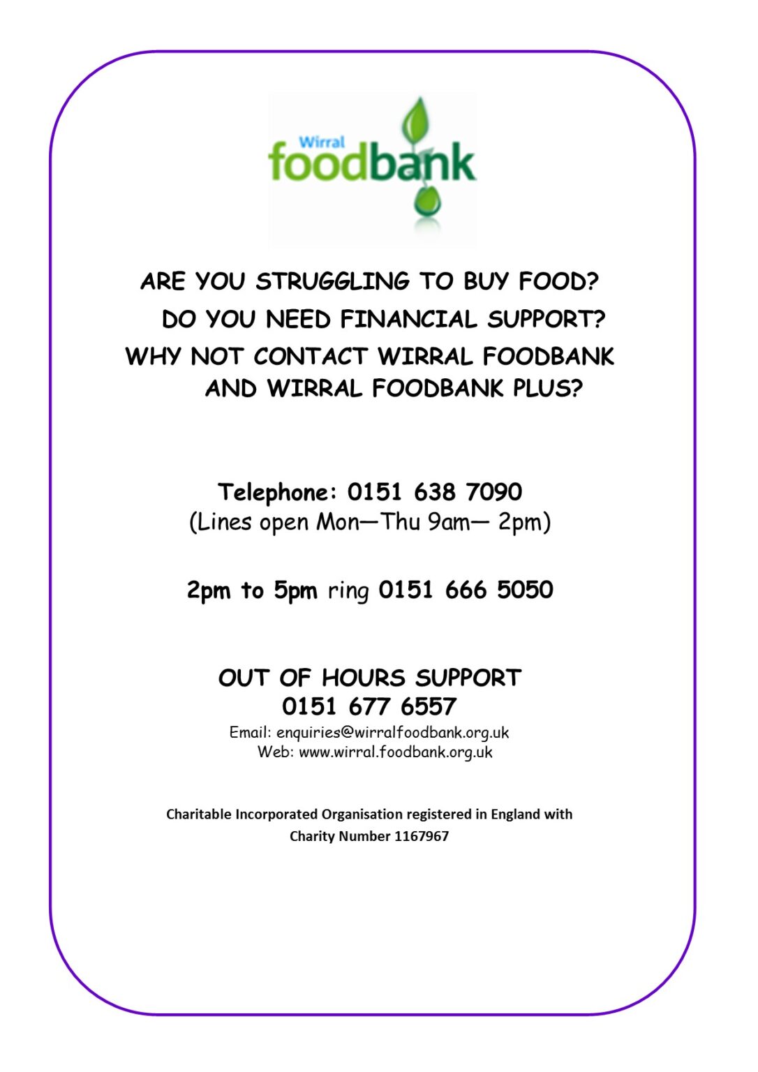 Wirral Food Bank Important Information Mersey Park Primary School